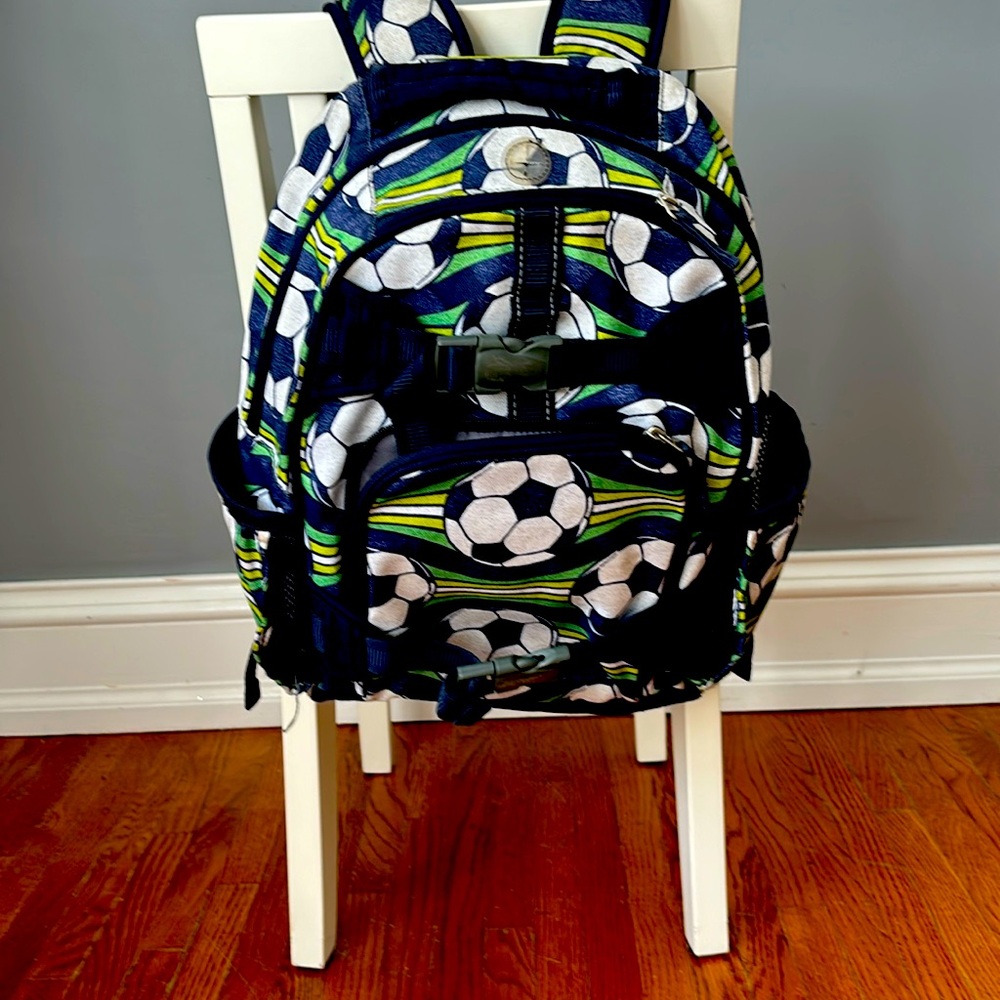 Pottery Barn Kids Navy, White & Green Soccer Backpack